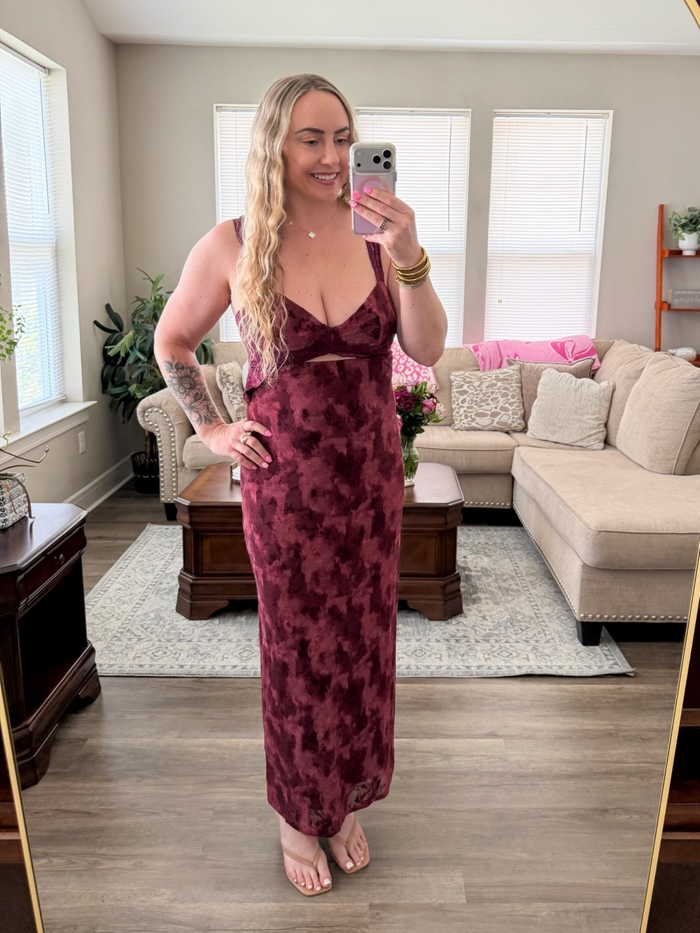 Vici Burgundy Tie-Dye Maxi Dress with Cutout